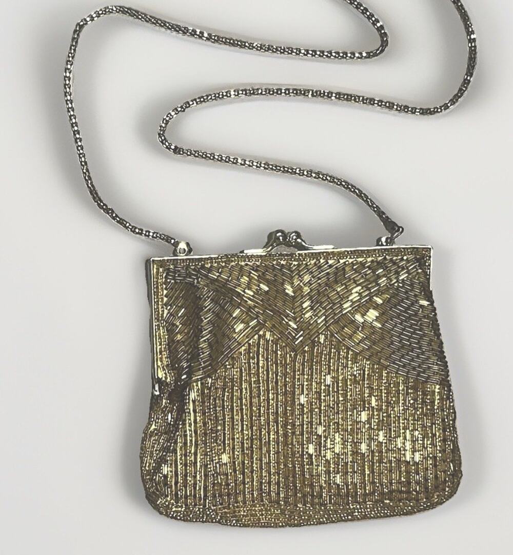 Vintage Gold Beaded Evening Bag Purse Clutch 18” Shoulder Strap Kiss Lock 6x5